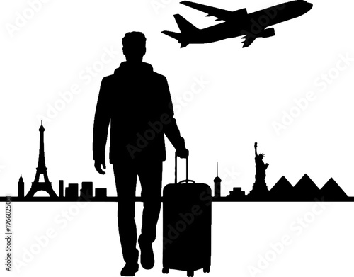 Traveler departing for global destinations with luggage silhouette