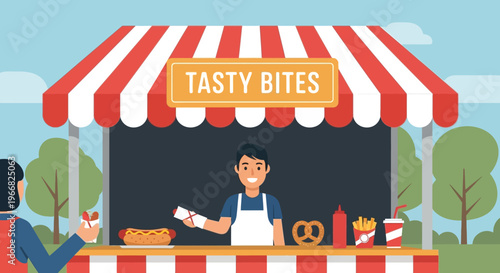 Cartoon Street Food Stall with Vendor Serving Fast Food