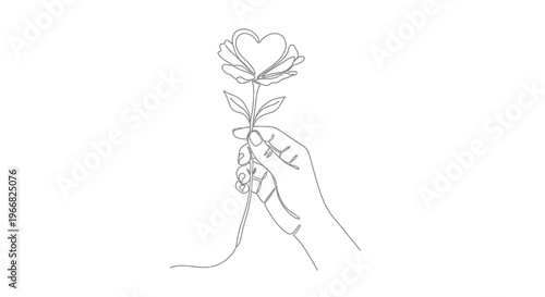 Hand holding a rose with heart-shaped flower, line art