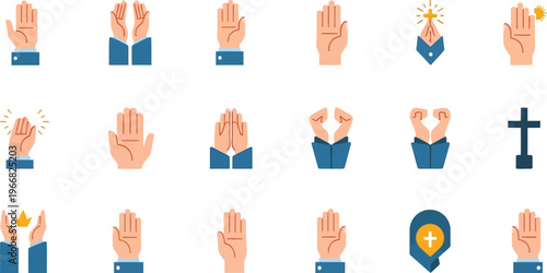 Various stylized hands displaying gestures of prayer, offering, and greeting are collected in a flat icon set against a white background.