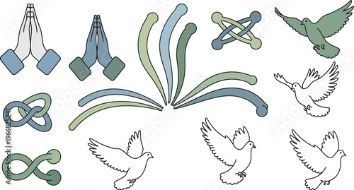 Various abstract and natural elements are shown together, featuring flowing curves, knotted symbols, praying hands, and flying doves.