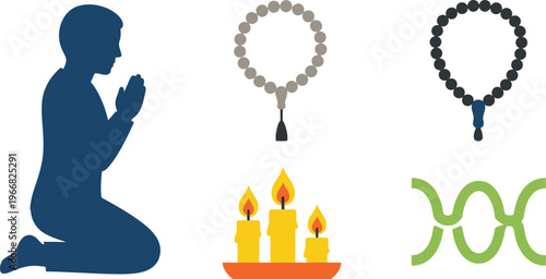 A silhouette of a person kneeling in prayer is displayed near religious objects including prayer beads and burning candles.
