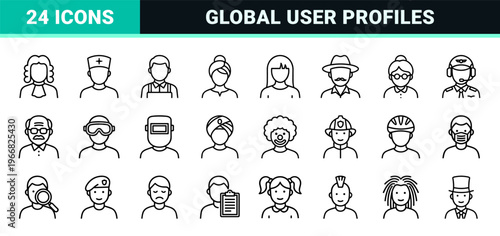 Professional Avatar Line Art Featuring Diverse Occupations and Human Roles in an Minimalist Geometric Monoline Aesthetic for UI Design