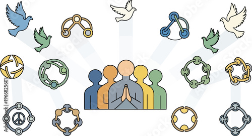 Group of diverse people standing together with doves and interconnected chain link icons representing unity and peace concepts.