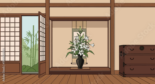 Pixel Art Japanese Interior with Lily Vase and Bamboo Garden View