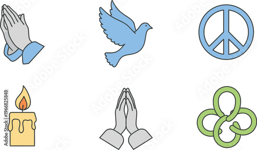 A compilation of various religious and peace-related symbols featuring different styles of praying hands, candles, doves, and abstract emblems on a white background.