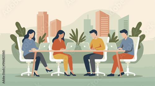 Four people working together on laptops in a shared office space