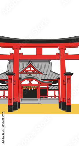 Japanese Shinto Shrine with Traditional Red Torii Gate Illustration