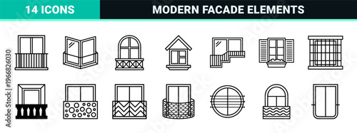 Minimalist Exterior Balcony and Window Architectural Line Art Set for Modern Facade Design and Real Estate Property Visualization Projects