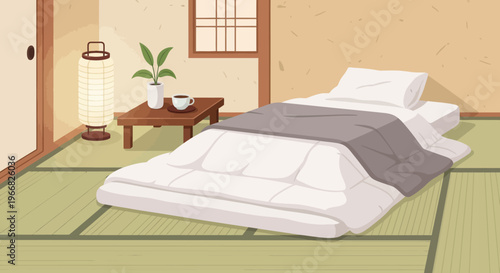 Japanese Bedroom with Futon Bed and Tatami Floor