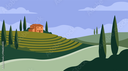 Stylized landscape with terraced fields, cypress trees, and rural house