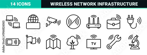 Wireless Internet Networking and Connectivity Minimalist Geometric Line Art Symbols for Modern Digital Infrastructure and Web Design.
