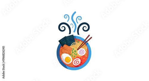 Delicious Japanese Ramen Bowl Illustration with Steaming Noodles and Toppings