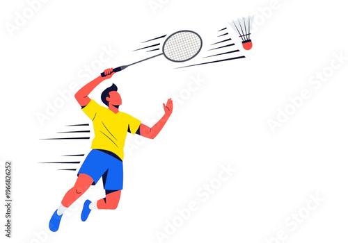 Man playing badminton with racket and shuttlecock in action on court