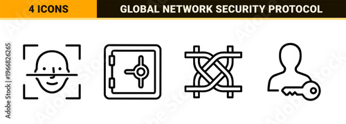 Cyber Security Data Protection Minimalist Monoline Outline Icons for Global Network Safety and Digital Encryption Systems Design