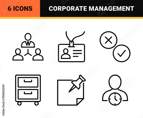 Corporate Management and Office Workflow Monoline Icons, minimalist Business Strategy Line Art, Geometric Executive Workspace Symbols
