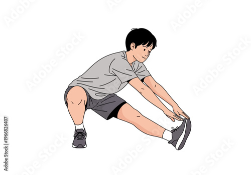 A young boy stretches his leg while bending forward in a sports setting.