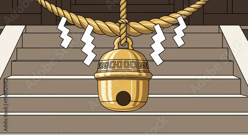 Japanese Shinto Shrine Bell Suzu with Shimenawa Rope