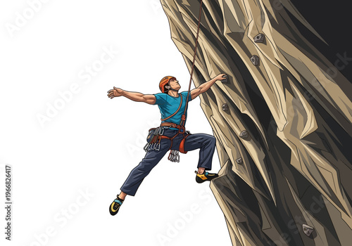 Man climbing steep mountain rock face in adventurous outdoor setting