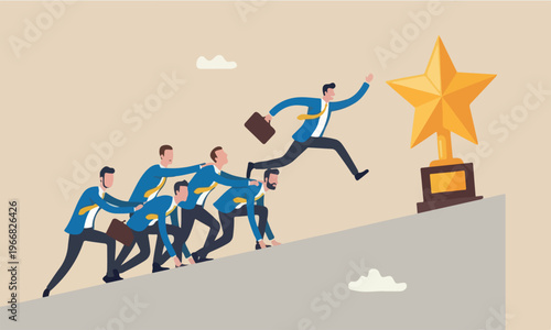 Career competition, job promotion or selfish colleagues jump over other people to get to goal, take advantage of coworker to success, selfish businessman jump over other people to achieve target