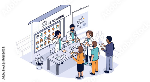 Medical professionals interacting with people at a health expo booth.