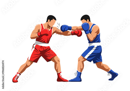Two boxers wearing gloves fight intensely in a competitive sports event