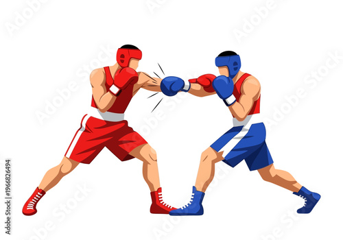 Two boxers wearing gloves punching each other in a sports arena fight