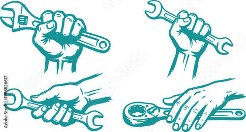 Hand Drawn Hand Holding Wrench Silhouette Vector Illustration Set with Repair Tool Mechanic Work and Maintenance Design.
