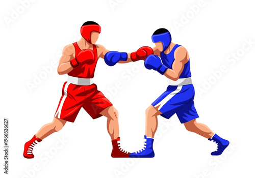 Two boxers in red and blue gear engage in combat sports action