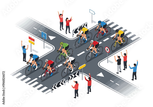 Cyclists and spectators interact at a busy road intersection with bike lanes and traffic signs.