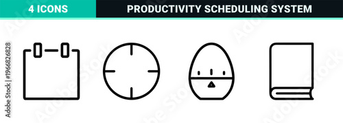 Minimalist monoline time management and scheduling line art featuring geometric clocks, calendars, and productivity symbols for professional interfaces.