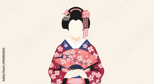Minimalist Illustration of a Japanese Geisha with Cherry Blossom Kimono and Fan