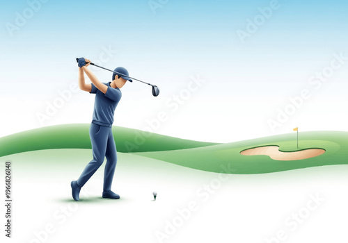 Golfer swings club on green course with sand trap and flag