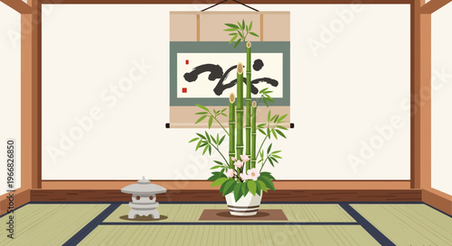 Japanese Zen Interior with Bamboo Arrangement and Stone Lantern
