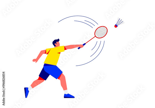 Man plays badminton with red racket and shuttlecock in motion