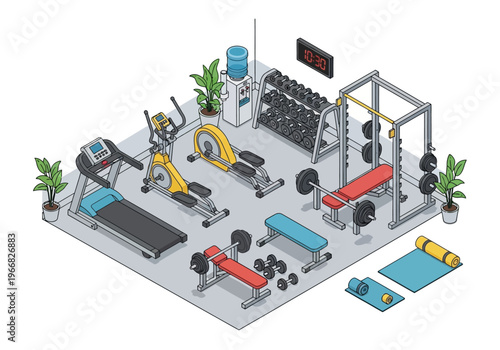 A well-equipped gym interior with various exercise machines and weights on display indoors