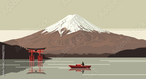 Minimalist Japan Landscape with Mount Fuji and Torii Gate
