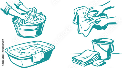 Hand Drawn Laundry Washing Silhouette Vector Illustration Set with Clothes Cleaning Hand Wash Soap and Household Chore Design.