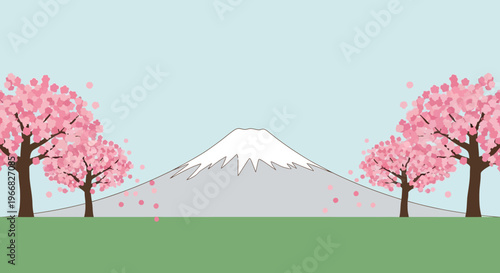 Mt Fuji with Cherry Blossom Trees in Spring Illustration