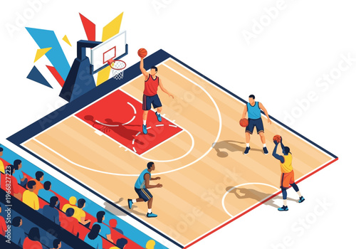 Action-packed scene of basketball players competing on a crowded stadium court with spectators