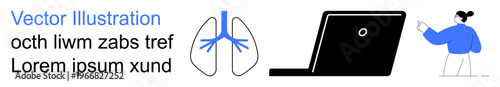 Health care, remote work, telemedicine, digital communication, education, anatomy. Diagram of lungs with laptop and figure pointing. Health care and telemedicine concept