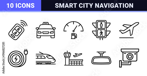 Urban Mobility and Smart Transportation Navigation Outline Symbols Featuring Electric Vehicle Charging Infrastructure and Public Transit Systems