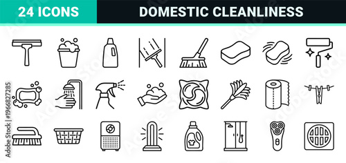 Hygiene and Sanitation Equipment Line Art: Minimalist monoline geometric icons for professional cleaning services and domestic housekeeping.