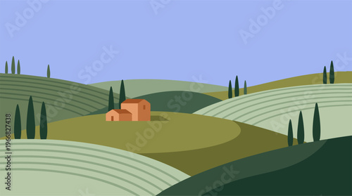 Minimalist Tuscan landscape illustration with rural houses and rolling hills