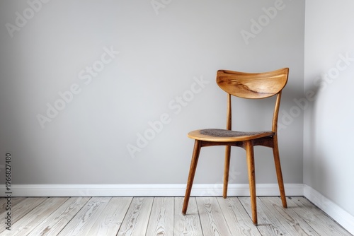 Minimalist wooden chair sits in an empty room corner.