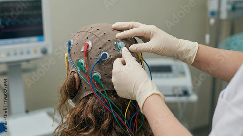 Woman with brown hair wears a neurological monitoring cap