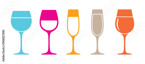 Develop icons using wine glasses. A mix of colors displaying different kinds of wine glasses. Vector format.