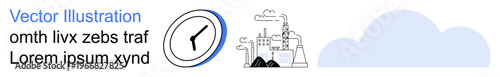 Sustainability, air pollution, climate change, energy, time management, industry. Factory emitting smoke, clock symbol and cloud illustration. Sustainability and air pollution