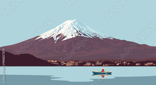 Mt Fuji Japan Landscape Illustration with Person Rowing Boat on Lake