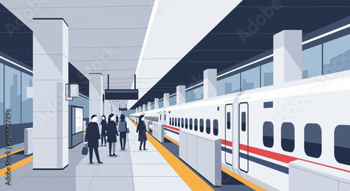 Modern Subway Station Platform with Commuters Waiting for High Speed Train